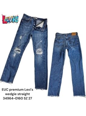 Levi's Premium Women's wedgie straight Leg Jeans distressed Med indigo Wash 27